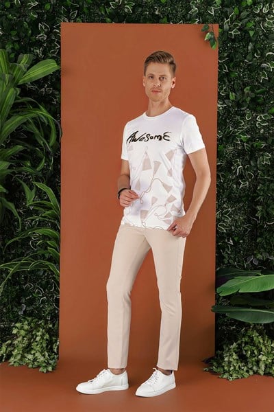 Skinny Kalıp Beli Lastikli Esnek Pamuklu Bej Pantolon P 1123