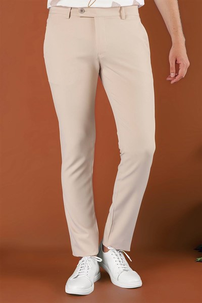 Skinny Kalıp Beli Lastikli Esnek Pamuklu Bej Pantolon P 1123