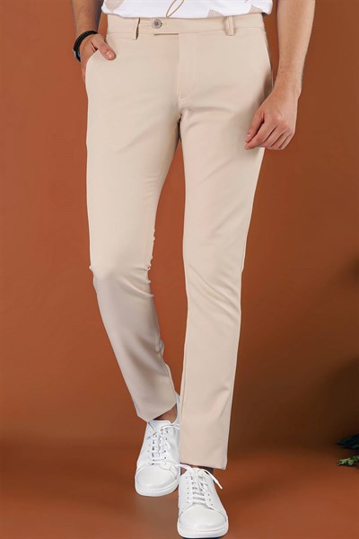 Skinny Kalıp Beli Lastikli Esnek Pamuklu Bej Pantolon P 1123