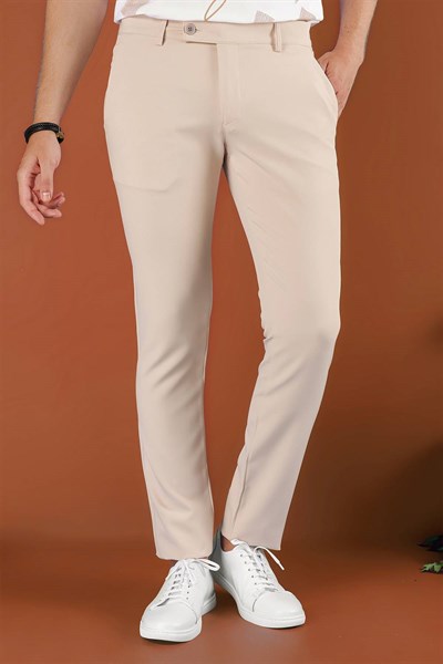 Skinny Kalıp Beli Lastikli Esnek Pamuklu Bej Pantolon P 1123