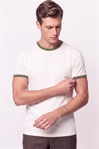 Slim Fit Bisiklet Yaka Ekru - Haki Tişört TS 932