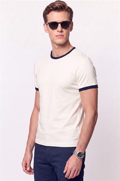 Slim Fit  Bisiklet Yaka Ekru - Lacivert Tişört TS 932 