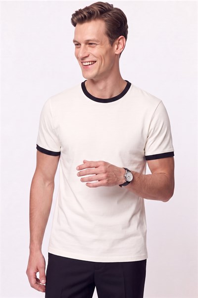 Slim Bisiklet Yaka Düz  EKRU-SİYAH  TS 932  T-SHIRT