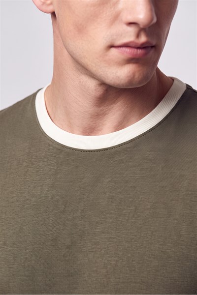 Slim Fit Bisiklet Yaka Haki - Ekru Tişört TS 932