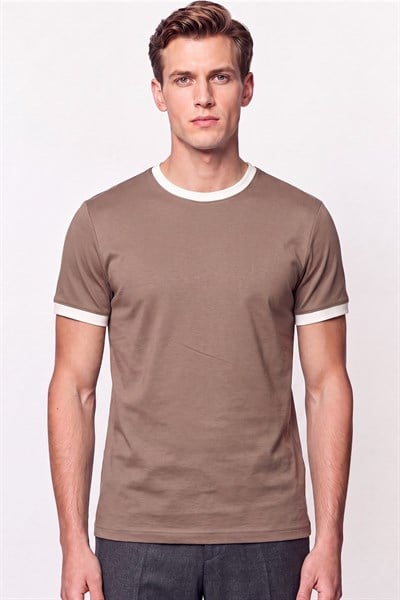 	Slim Fit Bisiklet Yaka Vizon - Ekru Tişört TS 932