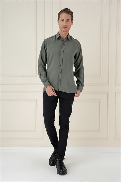 Slim Fit %100 Modal Erkek Yaka Uzun Kol Haki Gömlek  GK 743