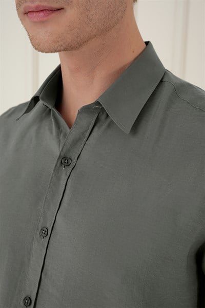 Slim Fit %100 Modal Erkek Yaka Uzun Kol Haki Gömlek  GK 743