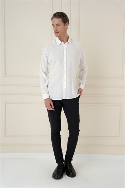 Slim Fit %100 Modal Erkek Yaka Uzun Kol Beyaz Gömlek  GK 743