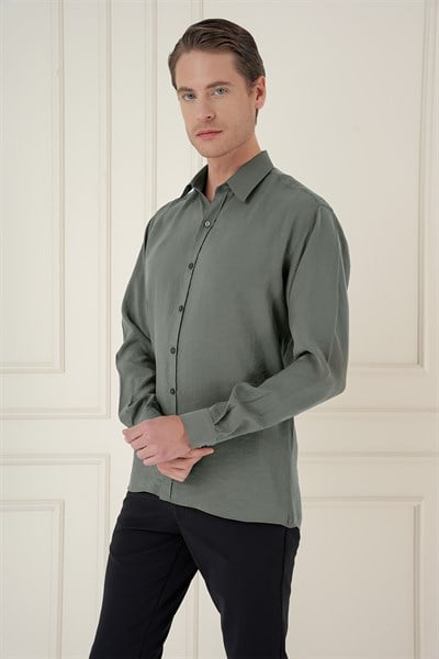 Slim Fit %100 Modal Erkek Yaka Uzun Kol Haki Gömlek  GK 743
