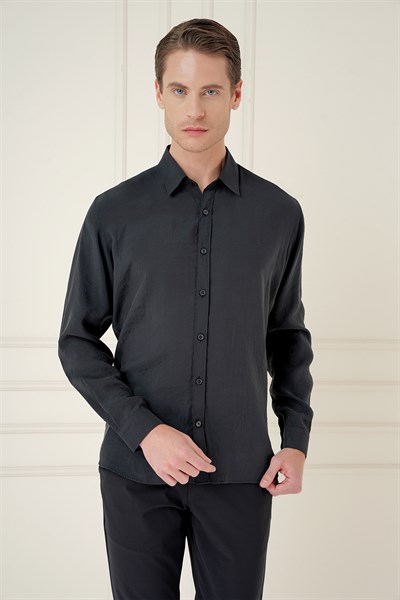 Slim Fit %100 Modal Erkek Yaka Uzun Kol Siyah Gömlek  GK 743