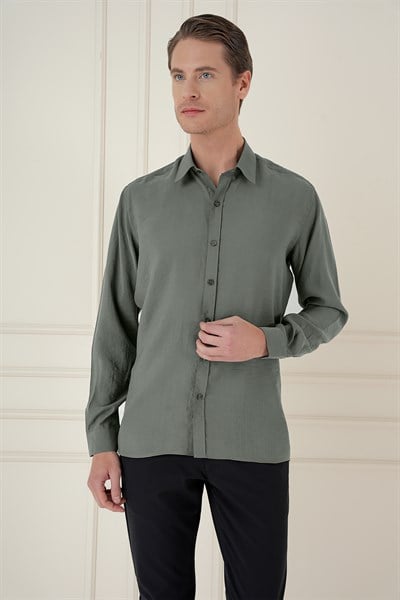 Slim Fit %100 Modal Erkek Yaka Uzun Kol Haki Gömlek  GK 743