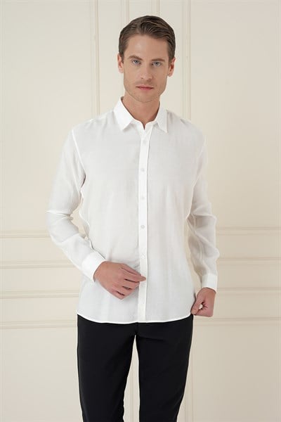 Slim Fit %100 Modal Erkek Yaka Uzun Kol Beyaz Gömlek  GK 743