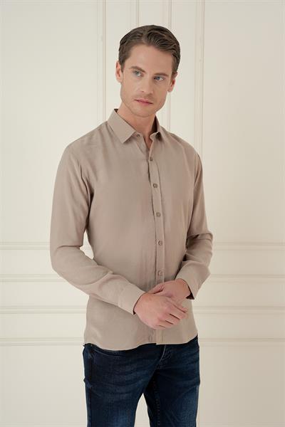 Slim Fit %100 Modal Erkek Yaka Uzun Kol Bej Gömlek  GK 743