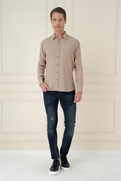 Slim Fit %100 Modal Erkek Yaka Uzun Kol Bej Gömlek  GK 743