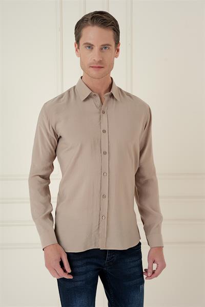 Slim Fit %100 Modal Erkek Yaka Uzun Kol Bej Gömlek  GK 743