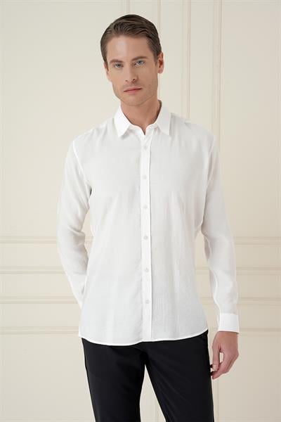 Slim Fit %100 Modal Uzun Kol Klasik Beyaz Gömlek  Gk 743