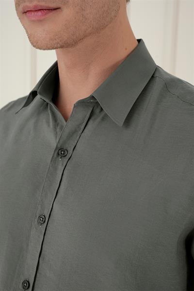 Slim Fit %100 Modal Uzun Kol Klasik Haki Gömlek  Gk 743