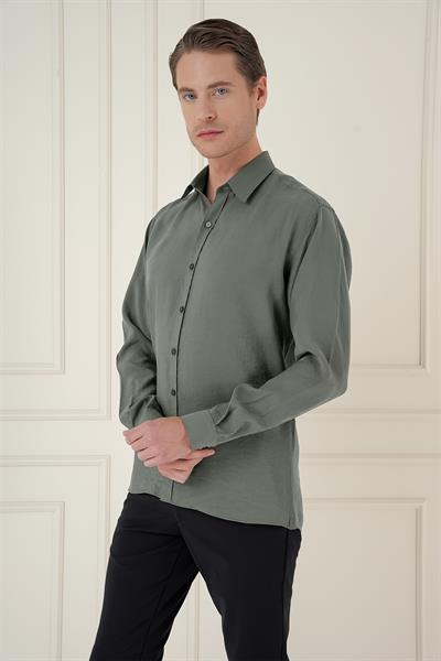 Slim Fit %100 Modal Uzun Kol Klasik Haki Gömlek  Gk 743