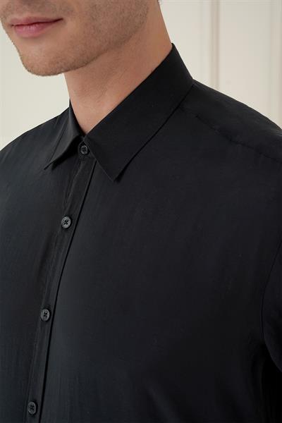 Slim Fit %100 Modal Erkek Yaka Uzun Kol Siyah Gömlek  GK 743