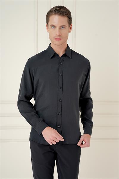 Slim Fit %100 Modal Erkek Yaka Uzun Kol Siyah Gömlek  GK 743