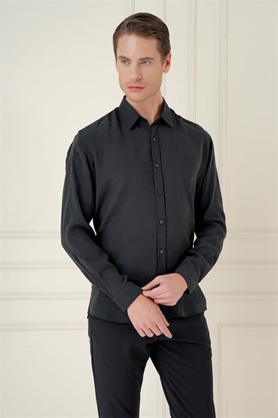 Slim Fit %100 Modal Erkek Yaka Uzun Kol Siyah Gömlek  GK 743
