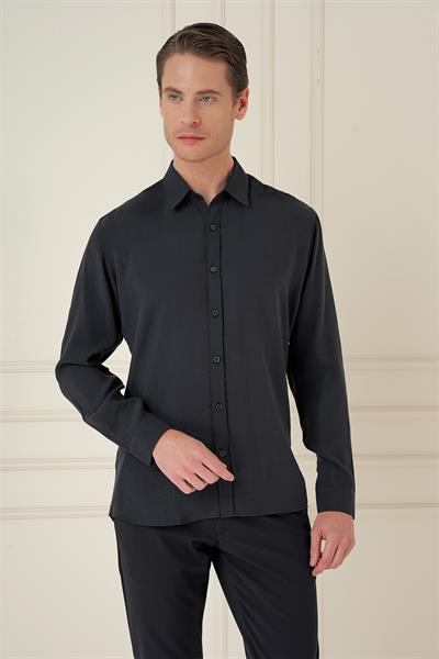 Slim Fit %100 Modal Erkek Yaka Uzun Kol Siyah Gömlek  GK 743