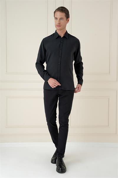 Slim Fit %100 Modal Erkek Yaka Uzun Kol Siyah Gömlek  GK 743