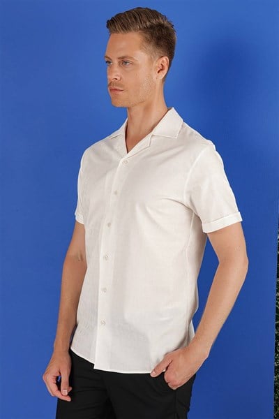 Slim Fit %100 Pamuk Apaş Yaka Kısa Kollulu Beyaz Gömlek G 1533