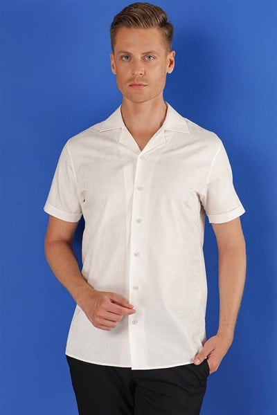 Slim Fit %100 Pamuk Apaş Yaka Kısa Kollulu Beyaz Gömlek G 1533
