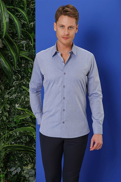 Slim Fit %100 Pamuk Armürlü Pamuklu Uzun Kollu Mavi Gömlek GK 679