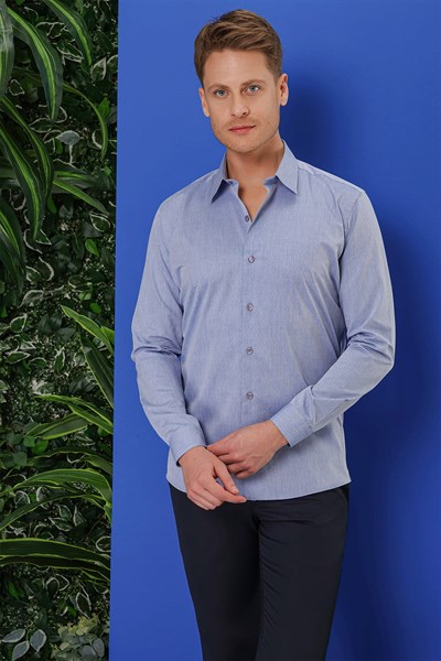 Slim Fit %100 Pamuk Armürlü Pamuklu Uzun Kollu Mavi Gömlek GK 679