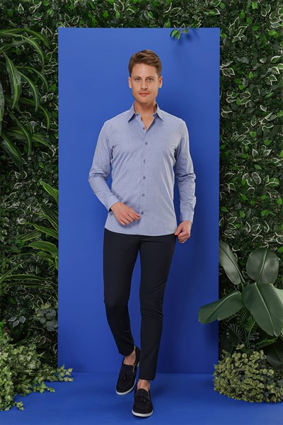 Slim Fit %100 Pamuk Armürlü Pamuklu Uzun Kollu Mavi Gömlek GK 679