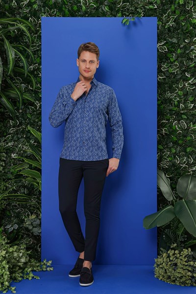 Slim Fit %100 Pamuk Çalı Desenli Lacivert Gömlek G 1540