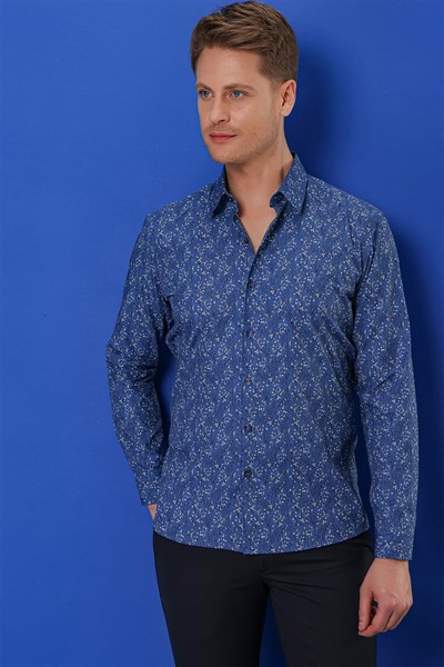 Slim Fit %100 Pamuk Çalı Desenli Lacivert Gömlek G 1540