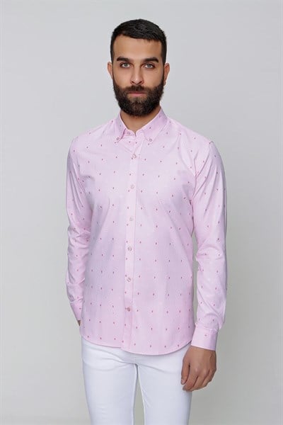 Slim Fit %100 Pamuk Çiçek Desenli Yaka Düğmeli Pembe Gömlek GK 643
