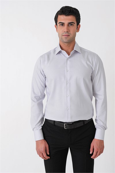 Slim Fit %100 Pamuk Çizgili Gri Gömlek GK 764