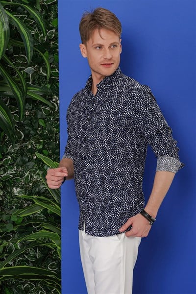 Slim Fit %100 Pamuk Damla Desenli Yaka Düğmeli Siyah Gömlek G 1539