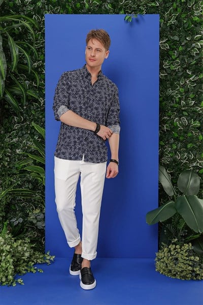 Slim Fit %100 Pamuk Damla Desenli Yaka Düğmeli Siyah Gömlek G 1539