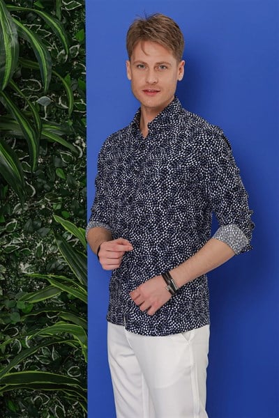 Slim Fit %100 Pamuk Damla Desenli Yaka Düğmeli Siyah Gömlek G 1539