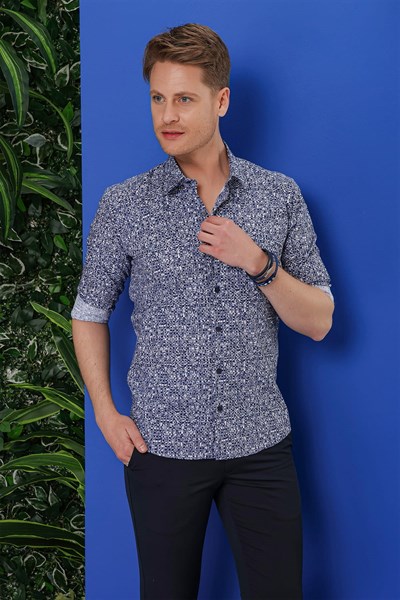 Slim Fit %100 Pamuk Desenli Lacivert Gömlek G 1541