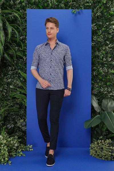 Slim Fit %100 Pamuk Desenli Lacivert Gömlek G 1541