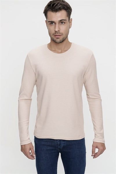 Slim Fit %100 Pamuk Doku Desenli Bisiklet Yaka Uzun Kollu Bej Tişört TS 818