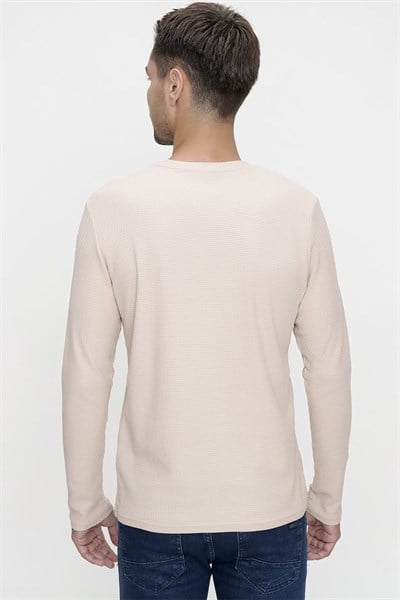 Slim Fit %100 Pamuk Doku Desenli Bisiklet Yaka Uzun Kollu Bej Tişört TS 818