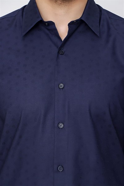 Slim Fit %100 Pamuk Doku Desenli Lacivert Gömlek GK 639