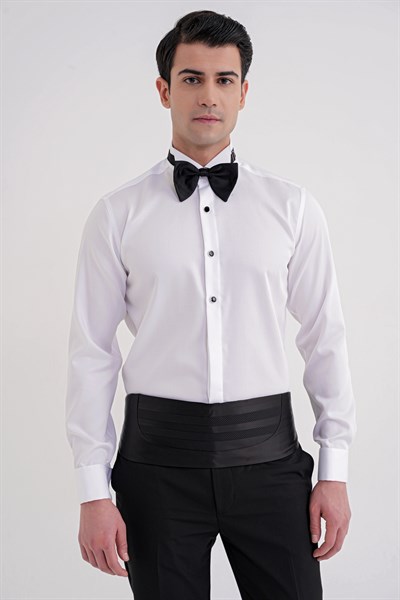 Slim Fit % 100 Pamuk Duble Manşet Ata Yaka Beyaz Smokin Gömlek GK 750