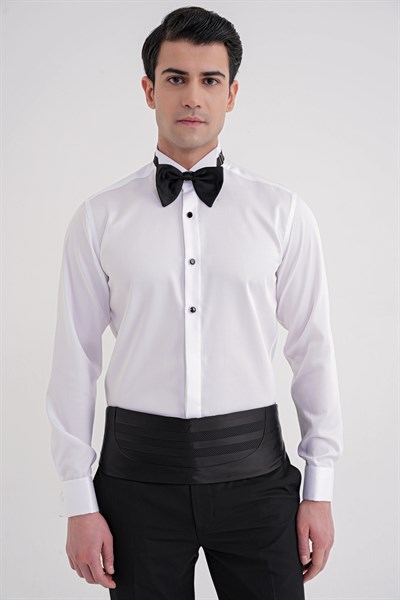 Slim Fit % 100 Pamuk Duble Manşet Ata Yaka Beyaz Smokin Gömlek GK 750