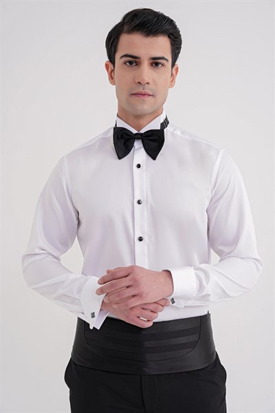 Slim Fit % 100 Pamuk Duble Manşet Ata Yaka Beyaz Smokin Gömlek GK 750