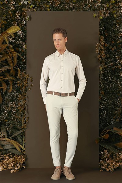 Slim Fit %100 Pamuk Düğme Yakalı Bej Gömlek GK 711