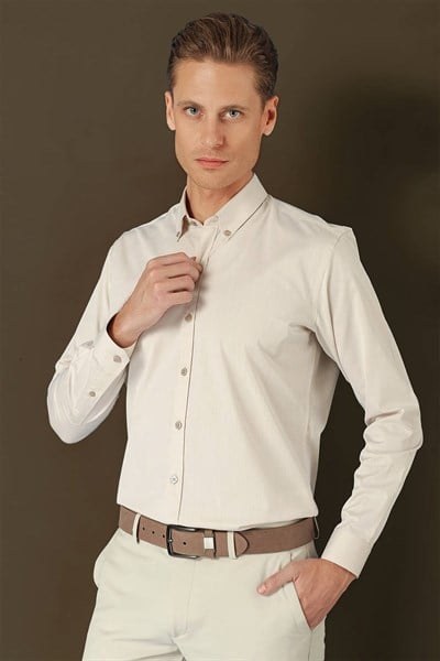 Slim Fit %100 Pamuk Düğme Yakalı Bej Gömlek GK 711