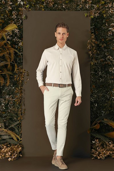 Slim Fit %100 Pamuk Düğme Yakalı Bej Gömlek GK 711